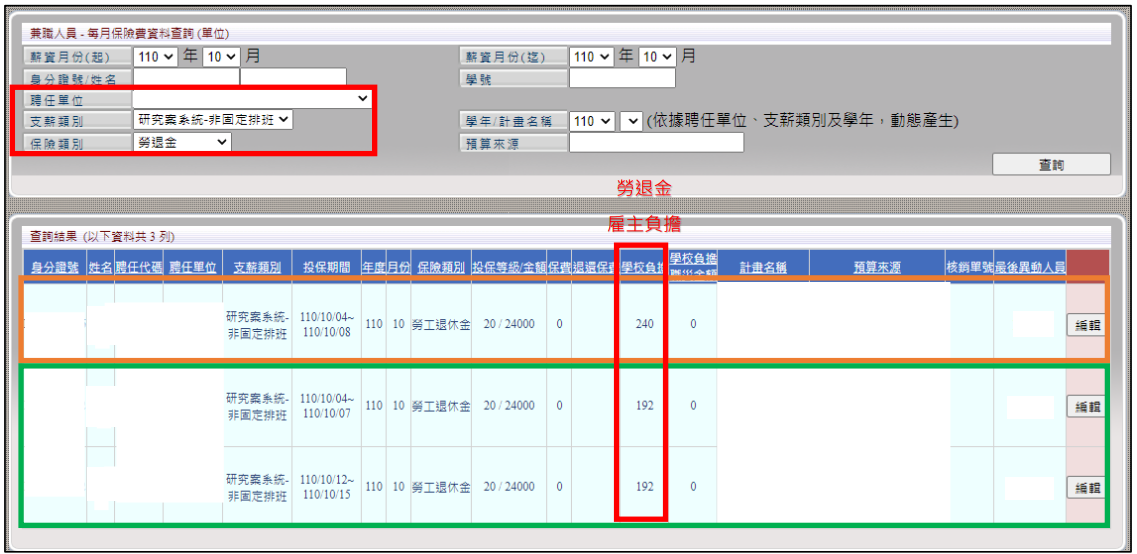 【範例】每月保險費資料查詢(單位)-勞退金畫面