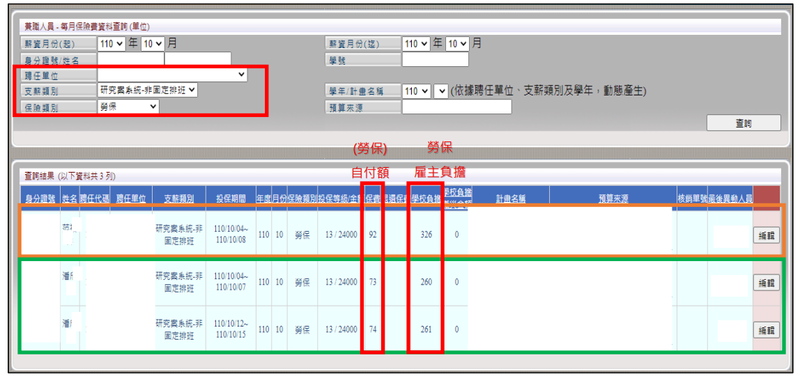 【範例】每月保險費資料查詢(單位)-勞保畫面